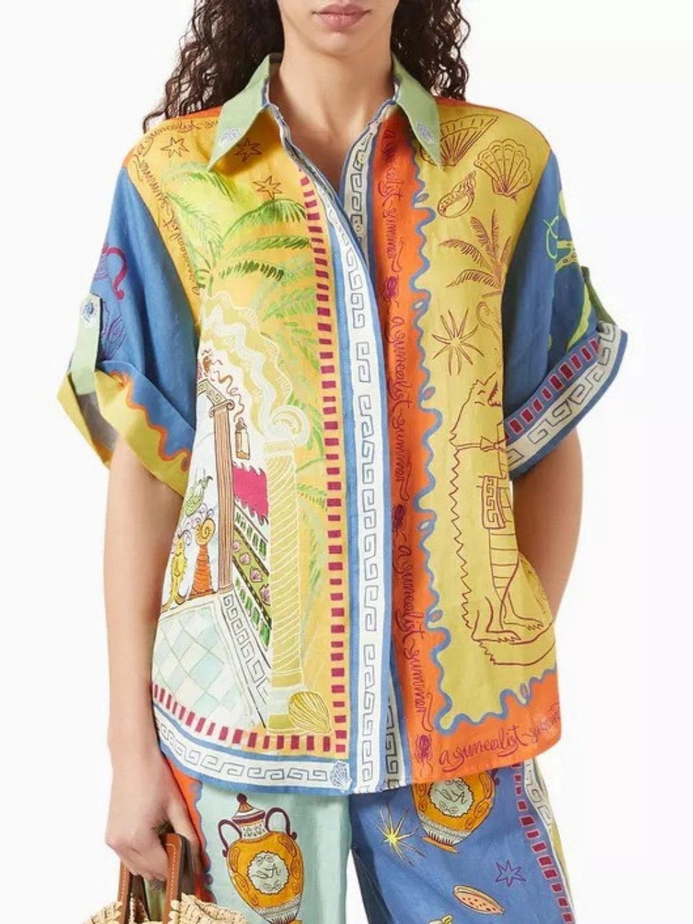 Lynor™ | Loose Short Sleeve Shirt & Printed Pants Two-Piece Set