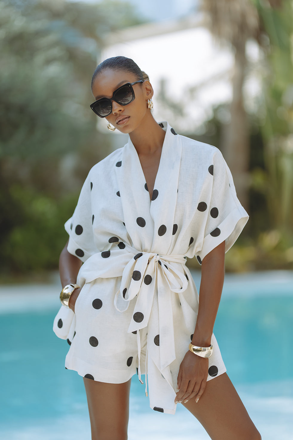 Lynor™ | Elastic Waist Shorts with Pockets Polka Dot Kimono Set