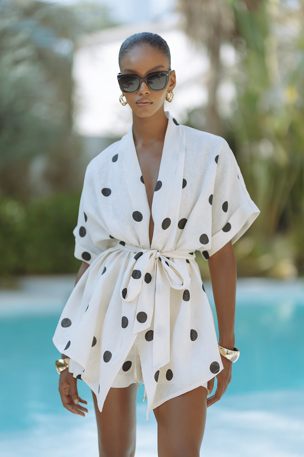 Lynor™ | Elastic Waist Shorts with Pockets Polka Dot Kimono Set