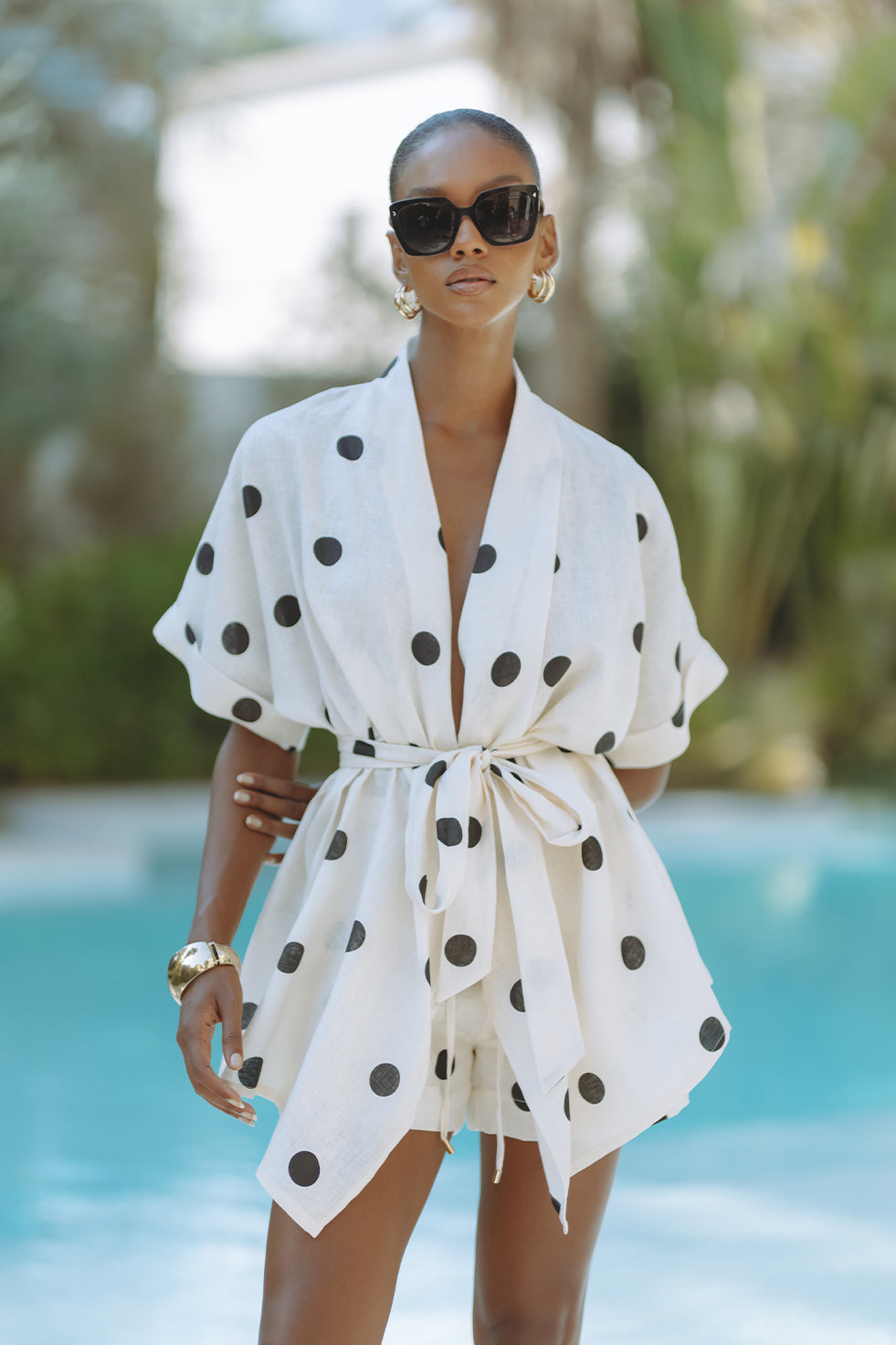 Lynor™ | Elastic Waist Shorts with Pockets Polka Dot Kimono Set