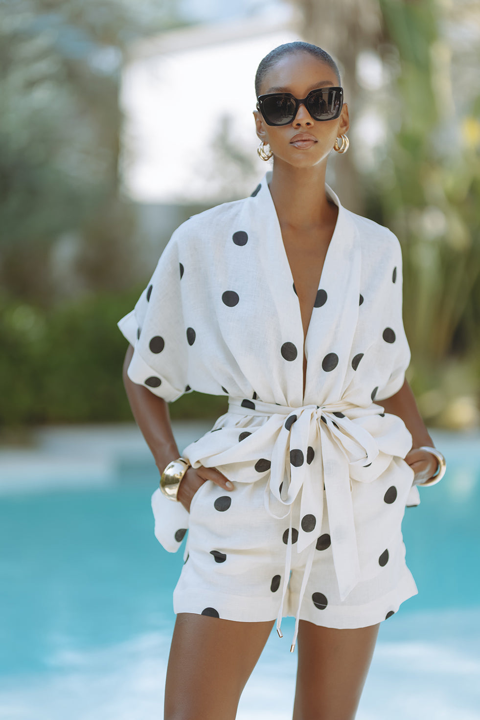 Lynor™ | Elastic Waist Shorts with Pockets Polka Dot Kimono Set