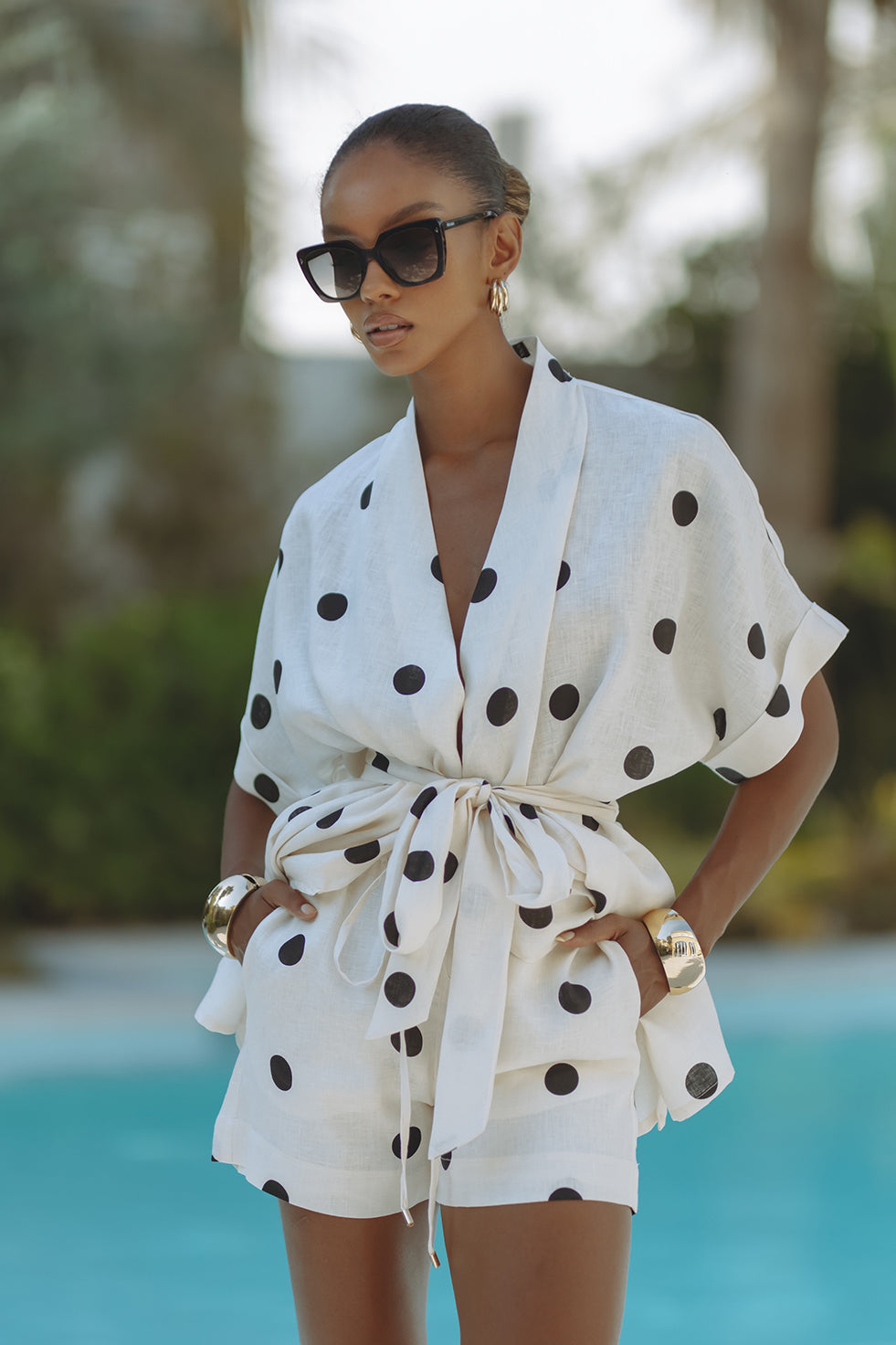 Lynor™ | Elastic Waist Shorts with Pockets Polka Dot Kimono Set