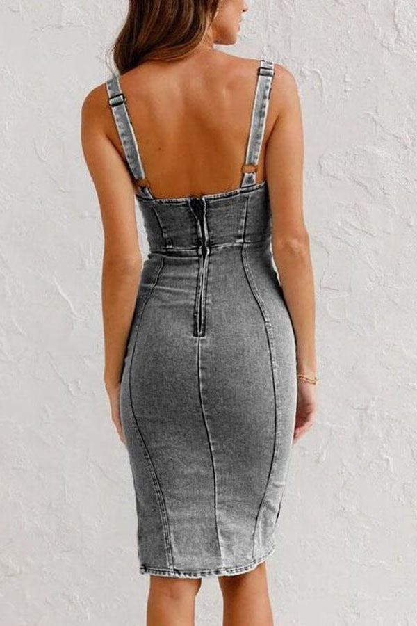 Lynor™ | Denim with Zipper & Front Slit Midi Dress