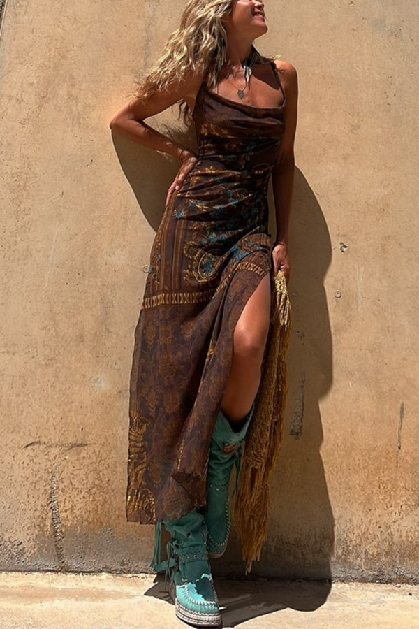 Lynor™ | Straps, Original Print & Side Slit Midi Net Dress