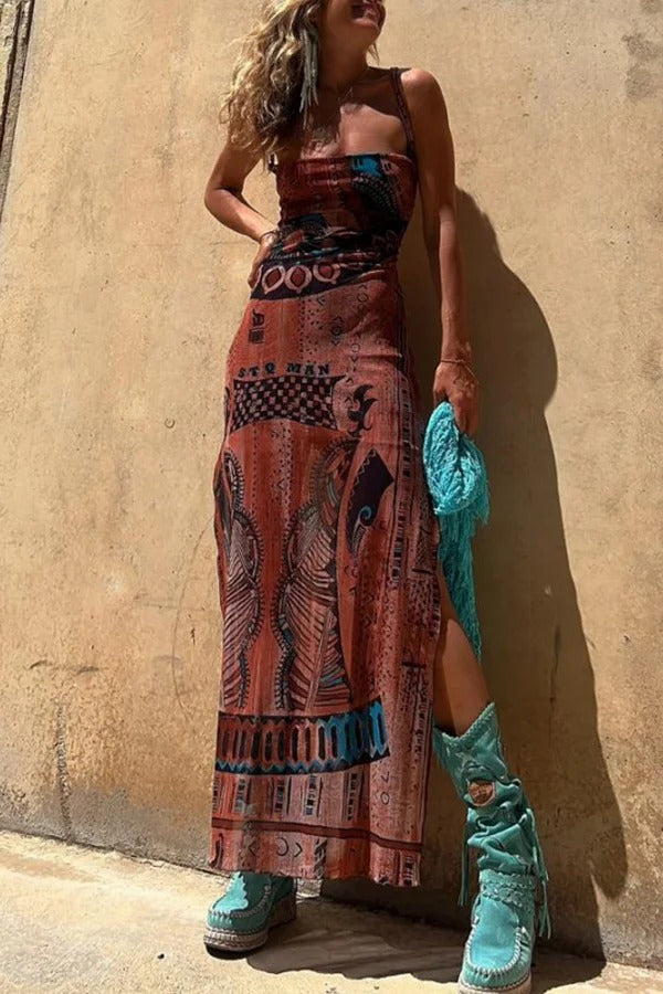 Lynor™ | Unique Print, Loose Neckline & Back Ties Midi Dress