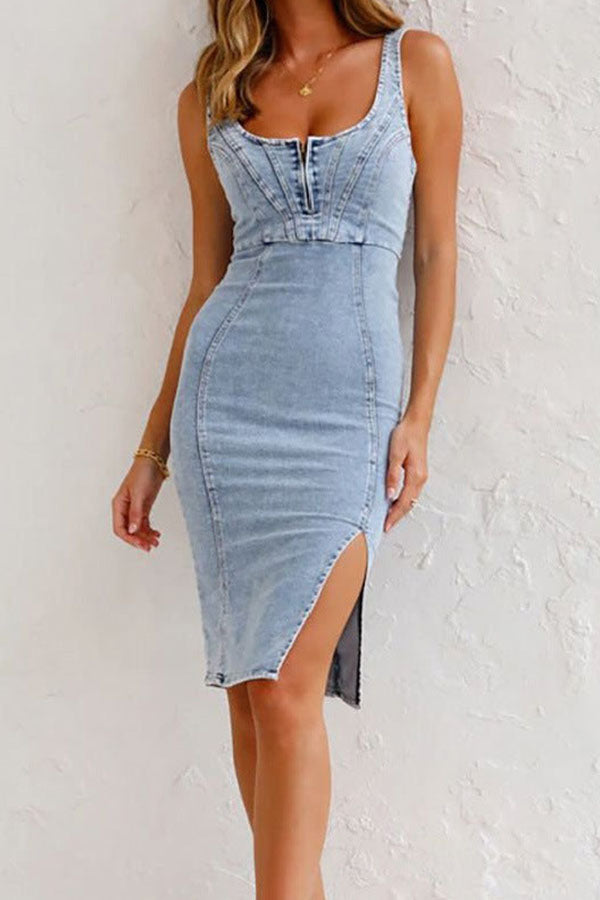 Lynor™ | Denim with Zipper & Front Slit Midi Dress