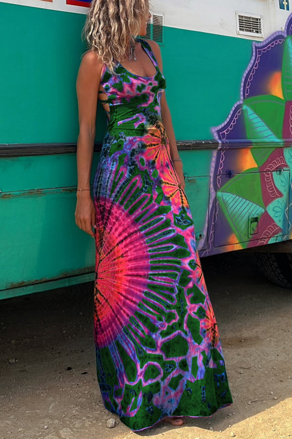 Lynor™ | Back Laces & Tie-Dye Pattern Long Dress (Built-in Bra)