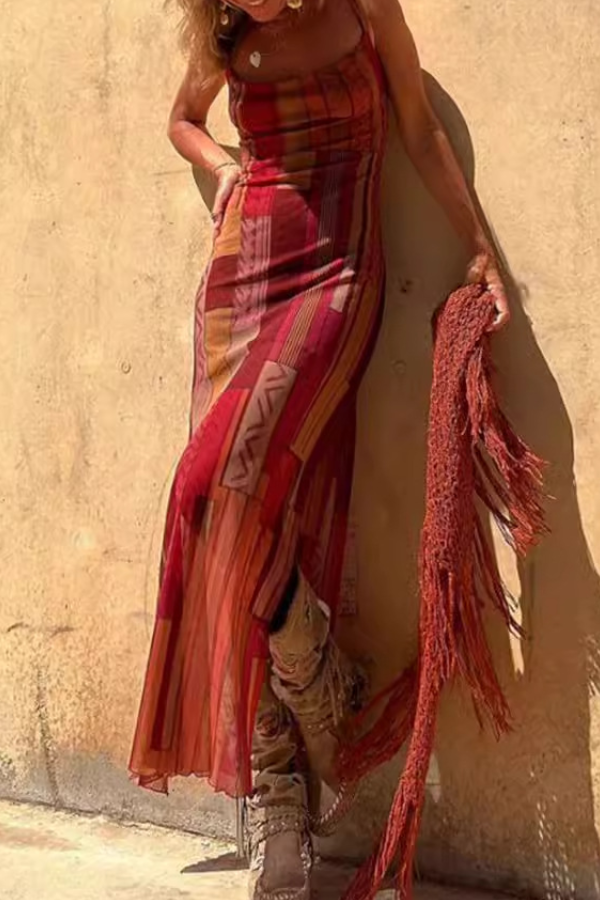 Lynor™ | Straps, Original Print & Side Slit Midi Net Dress