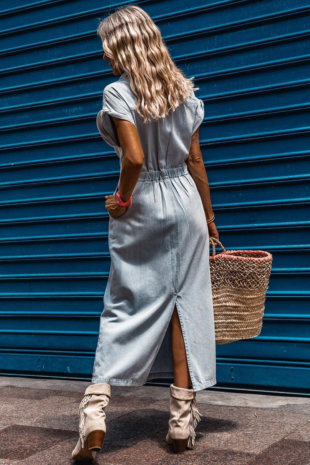 Lynor™ | Elegant Denim Dress – Short Batwing Sleeves