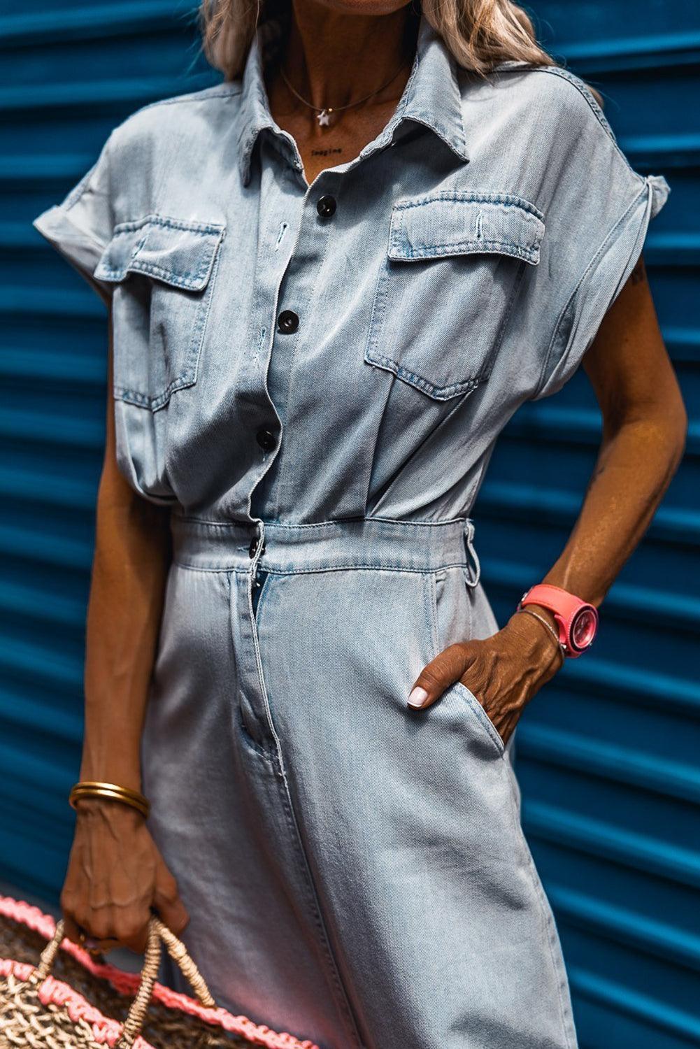 Lynor™ | Elegant Denim Dress – Short Batwing Sleeves