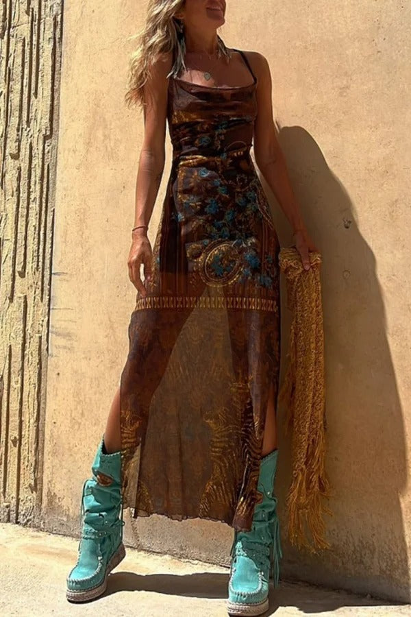 Lynor™ | Unique Print, Loose Neckline & Back Ties Midi Dress