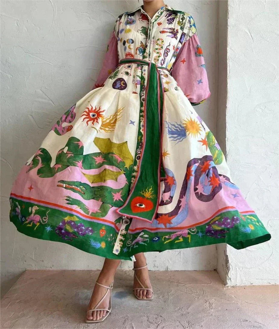 Lynor™ | Long Sleeve Printed Maxi Dress – Bold Prints with Effortless Elegance