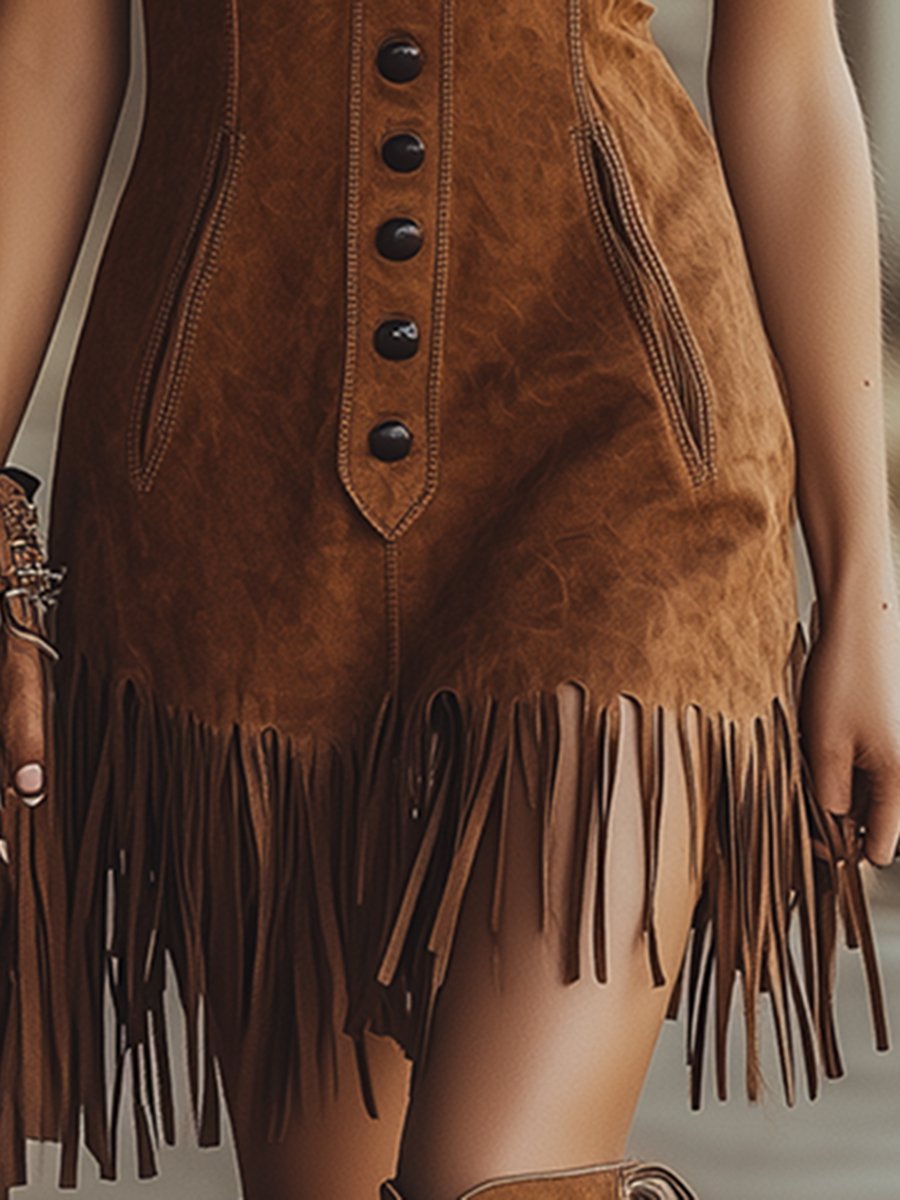 Lynor™ | Western Style Tassel Brown Suede Vest Mini Dress