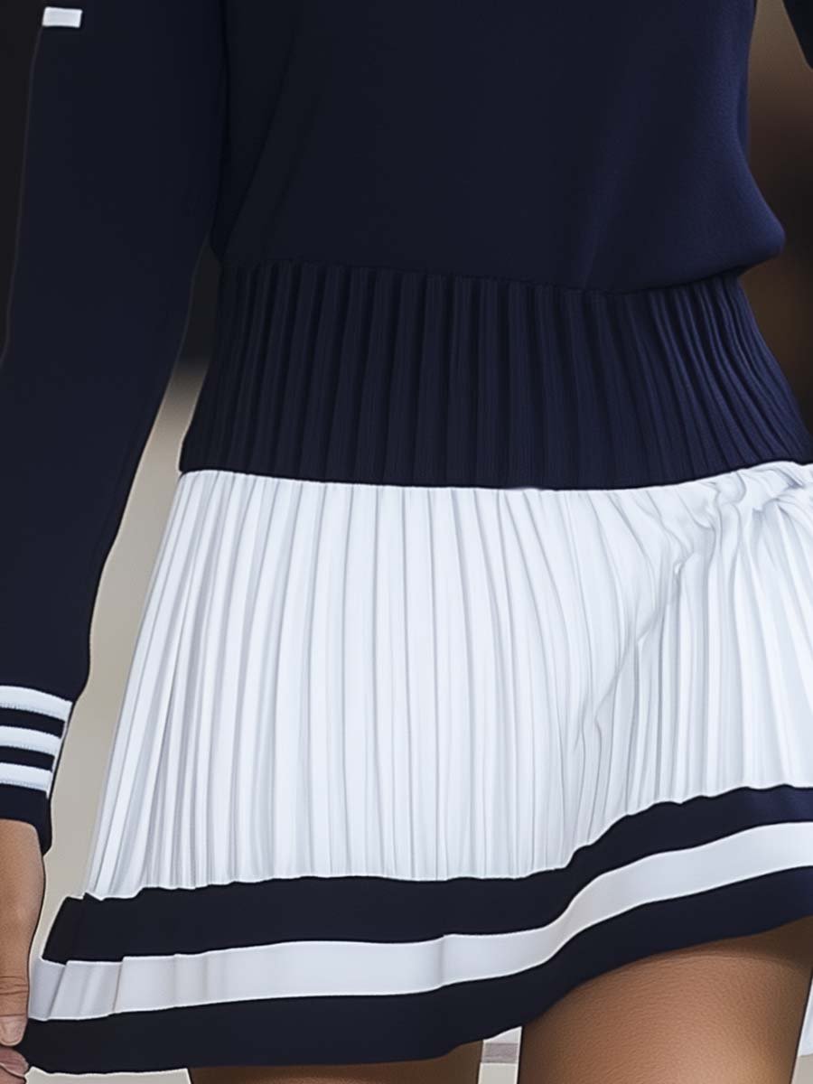 Lynor™ | Trendy Sporty Style Round Neck Navy & White Contrast Mini Dress