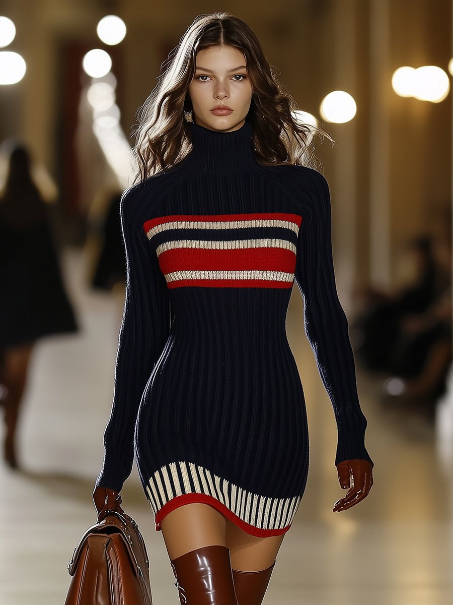 Lynor™ | Retro French Elegant Dress – High Collar, Red & White Stripes