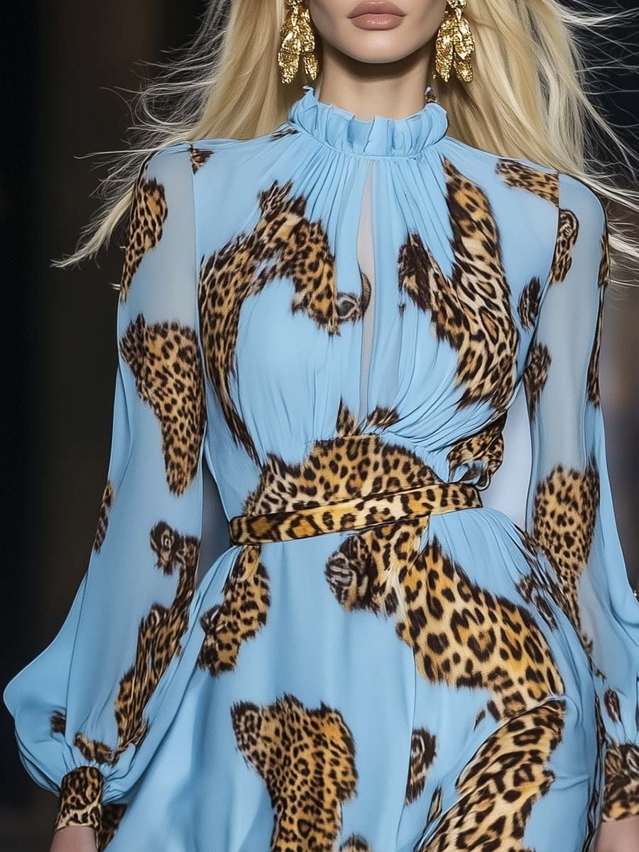 Lynor™ | Elegant Personality Leopard Print Light Blue Chiffon Mini Dress