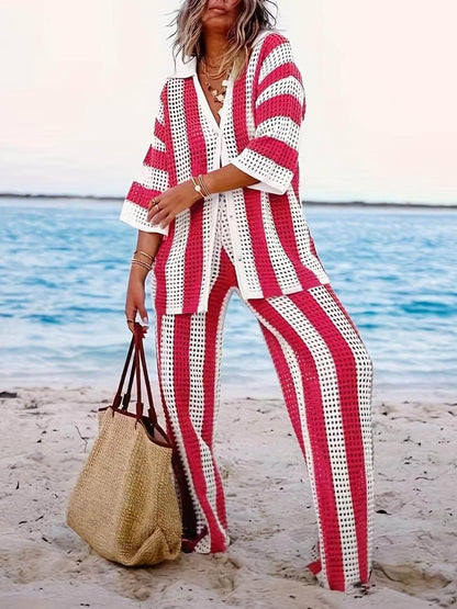 Lynor™ | Cutout Striped Shirt & Wide-Leg Pants Two-Piece Set