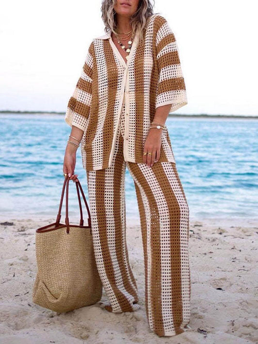 Lynor™ | Cutout Striped Shirt & Wide-Leg Pants Two-Piece Set