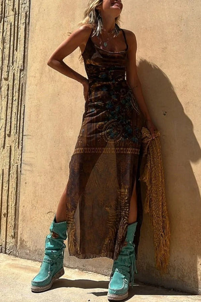 Lynor™ | Unique Print, Loose Neckline & Back Ties Midi Dress