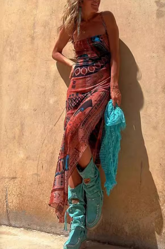 Lynor™ | Straps, Original Print & Side Slit Midi Net Dress