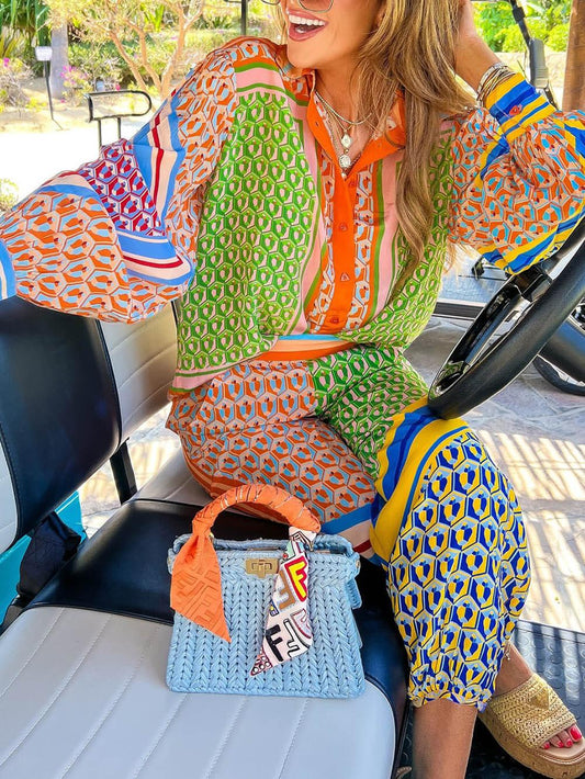 Lynor™ | Puff Sleeves & Vibrant Printed Pants Wide Shirt Set