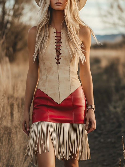 Lynor™ | Elegant Retro Western Contrast Sleeveless Mini Dress with Fringe