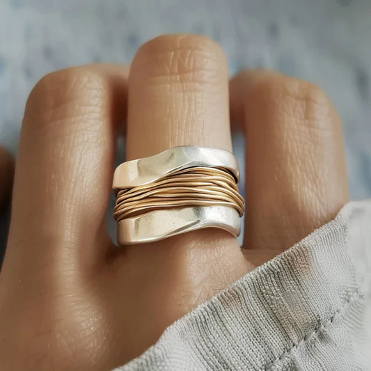 Lynor London™ | Silver Ring with Golden Strands – Delicate Two-Tone Elegance