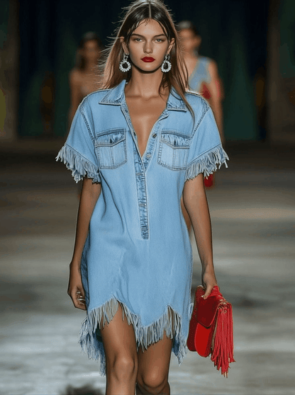 Lynor™ | Casual Loose Vintage Denim Short Sleeve Tassel Mini Dress
