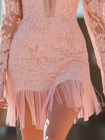 Lynor™ | Trendy Western Spaghetti Strap Off-Shoulder Pink Lace Mini Dress with Tassel Hem