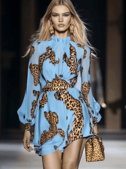 Lynor™ | Elegant Personality Leopard Print Light Blue Chiffon Mini Dress