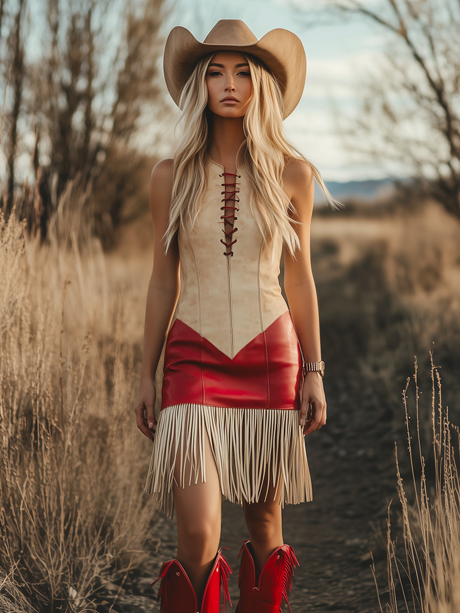 Lynor™ | Elegant Retro Western Contrast Sleeveless Mini Dress with Fringe