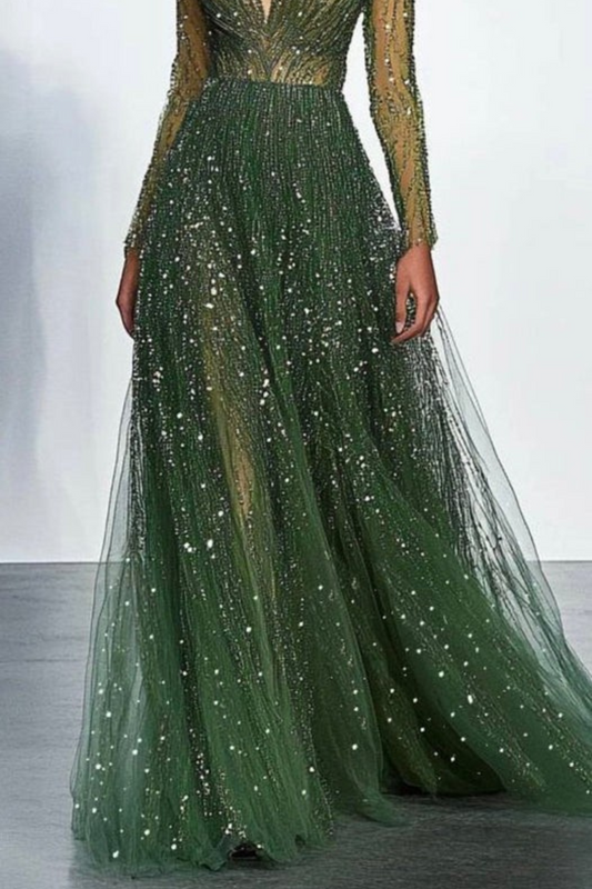 Lynor™ | Deep Green Gala Dress – Sequins & Long Sleeves