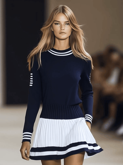 Lynor™ | Trendy Sporty Style Round Neck Navy & White Contrast Mini Dress