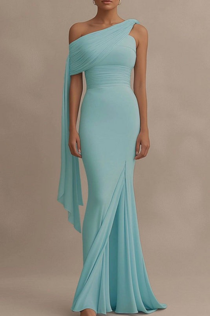 Lynor™ | One-Shoulder Draped Dress – Sky Blue