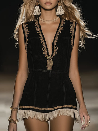 Lynor™ | Retro Simple Embroidered Tassel Black Vest Mini Dress