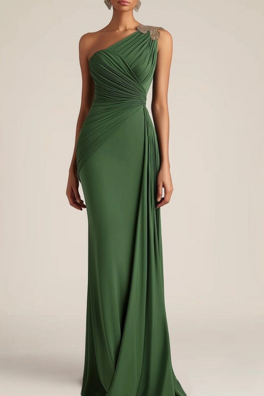 Lynor™ | Green One-Shoulder Elegant Evening Dress