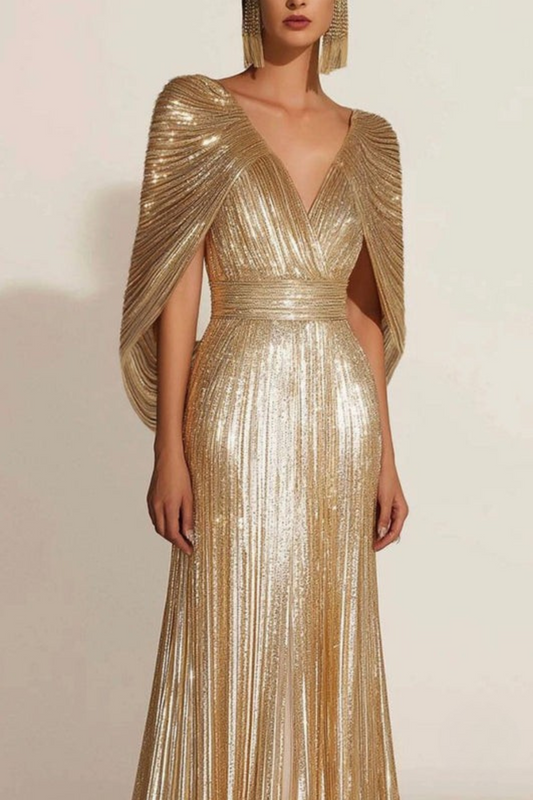 Lynor™ | Golden Pleated Evening Dress with Cape