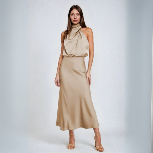 Lynor™ | Satin Halter Neck Maxi Dress – Luxurious Shine with Elegant Draping