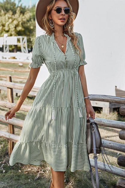 Lynor™ | Vibrant Midi Striped Dress with Fringe