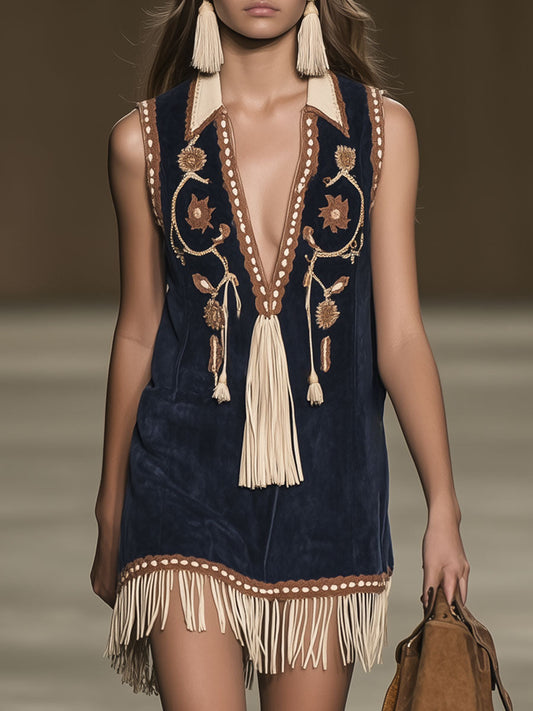 Lynor™ | Casual Loose Vintage Suede Bohemian Embroidered Tassel Sleeveless Mini Dress