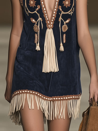 Lynor™ | Casual Loose Vintage Suede Bohemian Embroidered Tassel Sleeveless Mini Dress