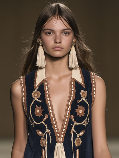 Lynor™ | Casual Loose Vintage Suede Bohemian Embroidered Tassel Sleeveless Mini Dress