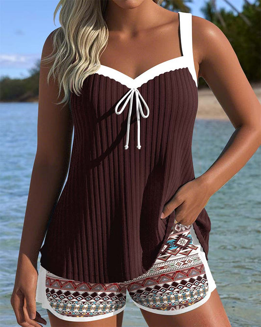 Lynor™ | Tankini with Ribbed Design & Printed Beach Shorts