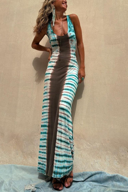 Lynor™ | Back Laces & Tie-Dye Pattern Long Dress