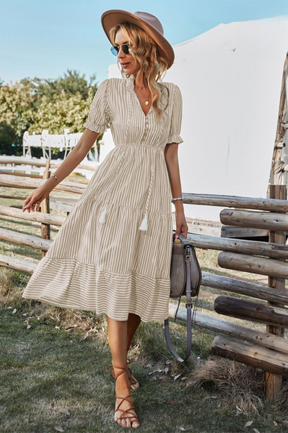 Lynor™ | Vibrant Midi Striped Dress with Fringe