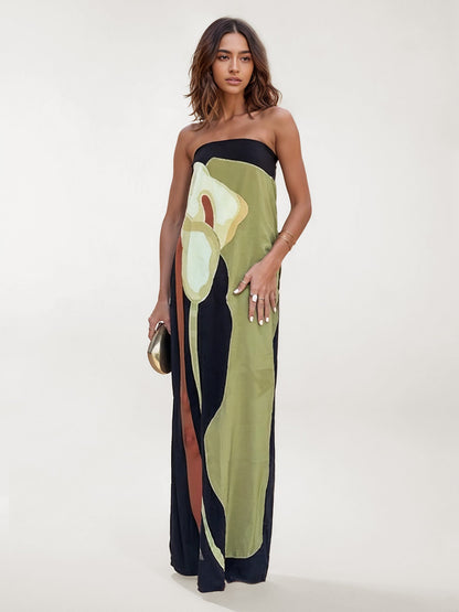 Lynor™ Elegant Long Strapless Dress with Abstract Floral Design