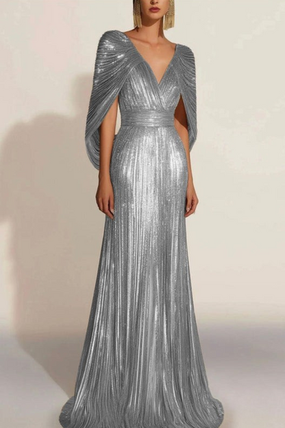Lynor™ | Golden Pleated Evening Dress with Cape