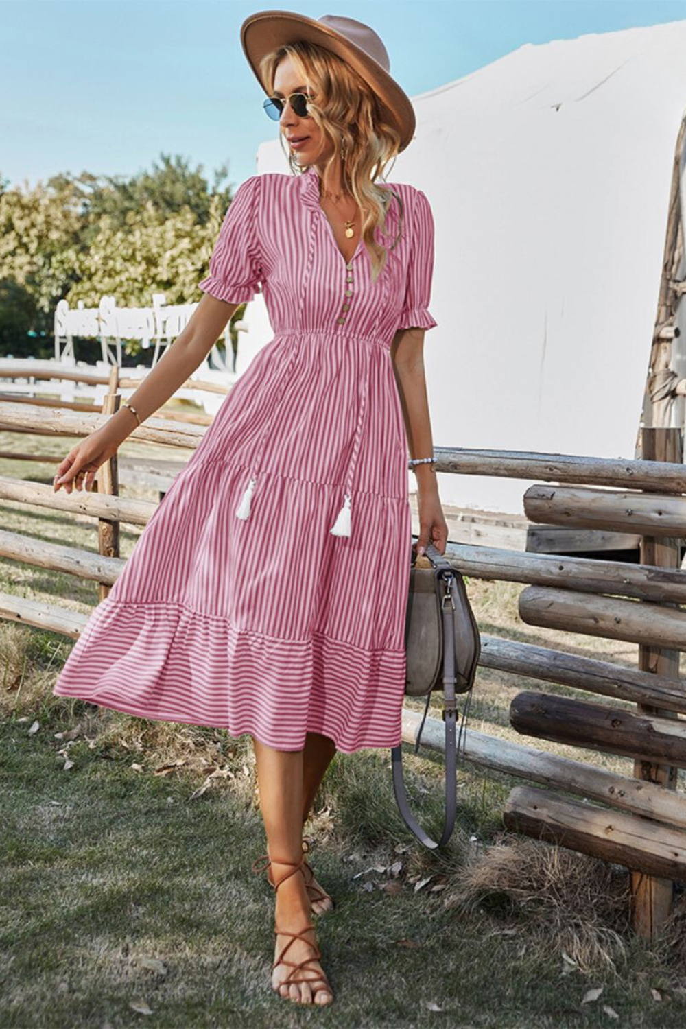 Lynor™ | Vibrant Midi Striped Dress with Fringe