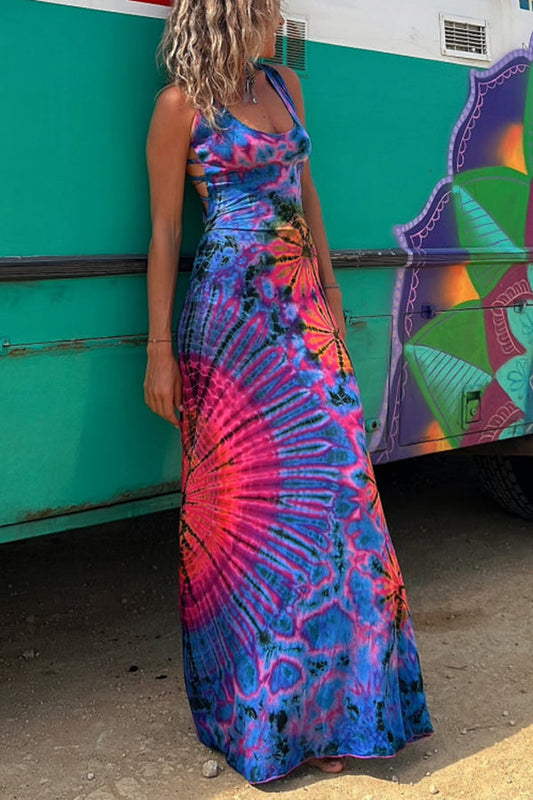 Lynor™ | Back Laces & Tie-Dye Pattern Long Dress (Built-in Bra)
