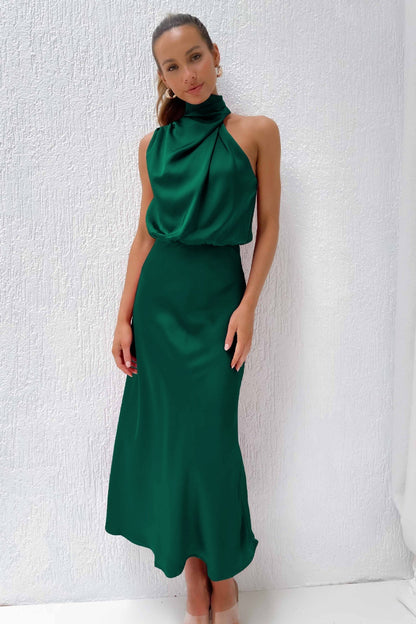 Lynor™ | Satin Long Dress with Halter Neckline